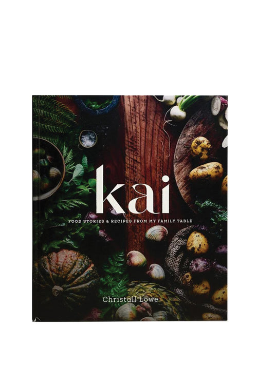 Book cover of 'kai' with food images on a white background