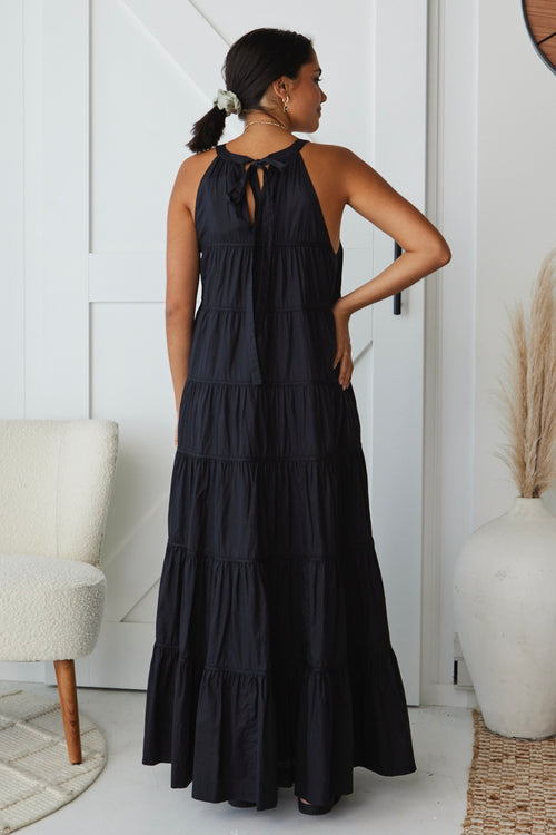 Kaye Black Cotton Sleeveless High Neck Tiered Maxi Dress WW Dress By Rosa.   