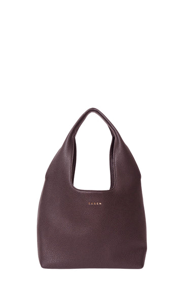 Brown handbag with 'SAGAN' branding on a white background