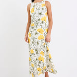 woman wearing buttercup floral dress