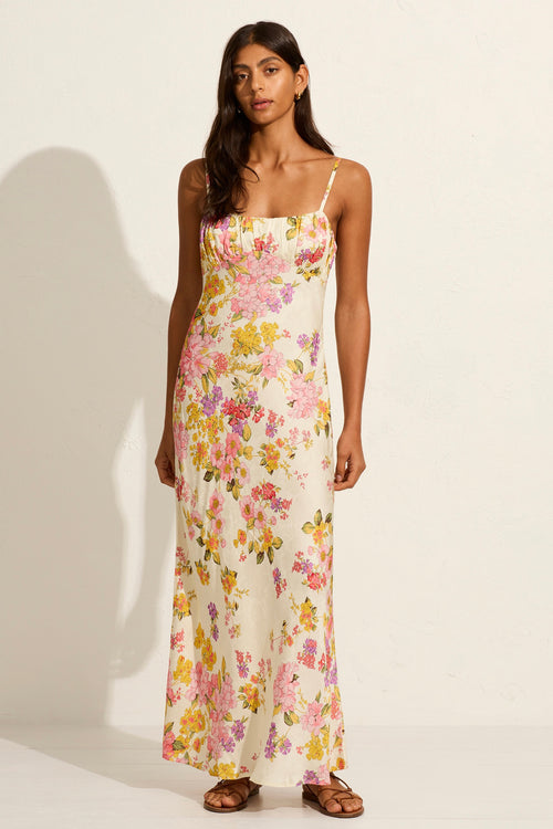 model wears a white floral maxi dress