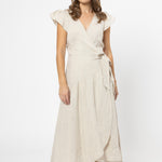 Romantic Natural Linen Flutter Sleeve Maxi Wrap Dress