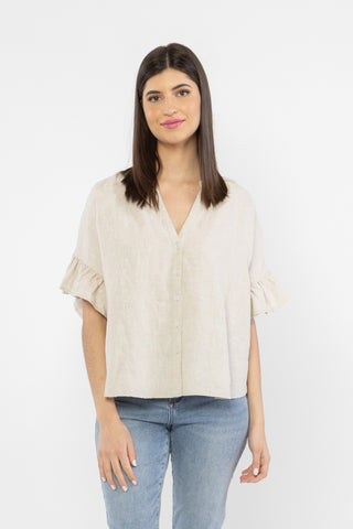 Riverstone Natural Linen Ruffle Sleeve Shirt