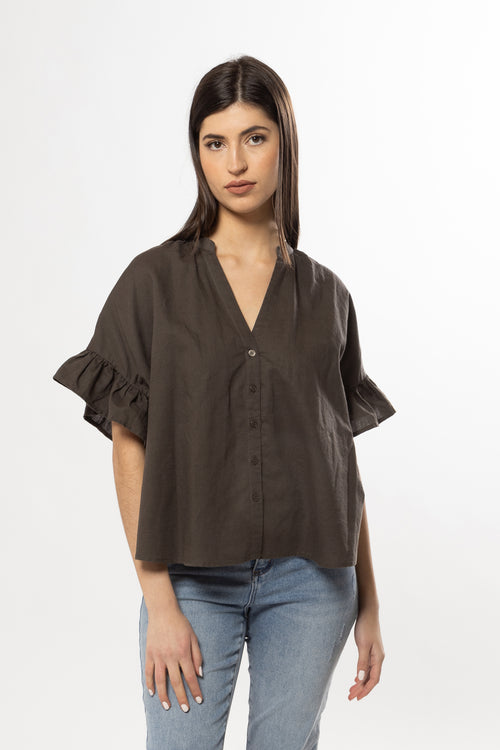 Riverstone Olive Linen Ruffle Sleeve Shirt WW Top Leila + Luca   