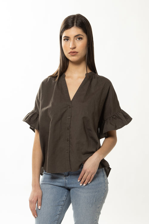 Riverstone Olive Linen Ruffle Sleeve Shirt WW Top Leila + Luca   