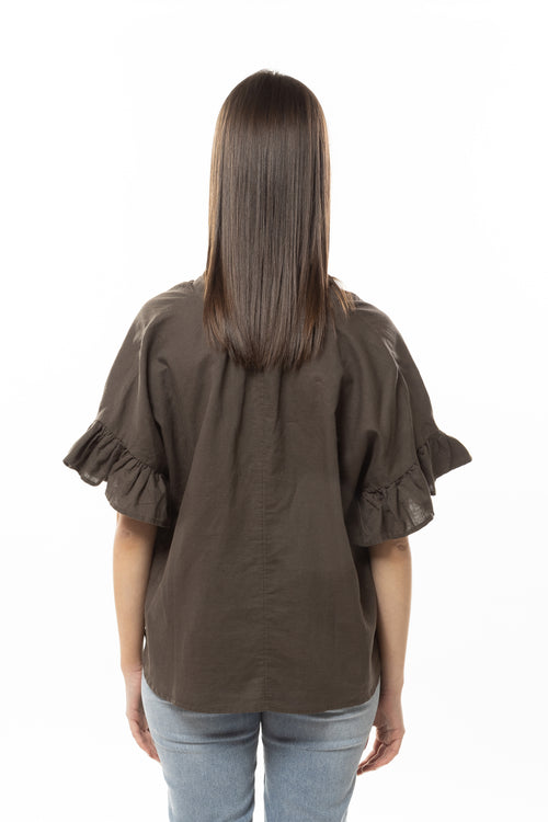 Riverstone Olive Linen Ruffle Sleeve Shirt WW Top Leila + Luca   