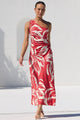 Lagoon Red Cream Floral One Shoulder Ruched Maxi Dress