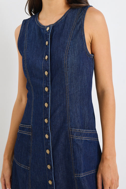 Shop Laneway Indigo Denim Midi Vest Dress | Flo & Frankie Shop Laneway Indigo Denim Midi Vest Dress | Flo & Frankie
