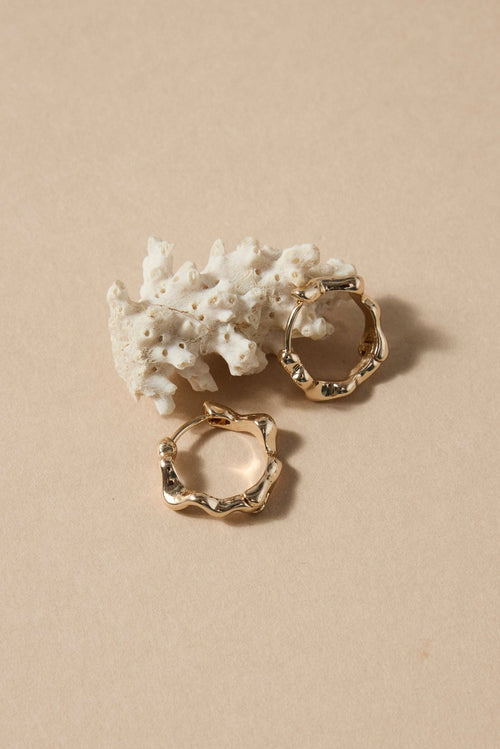 Gold hoop earrings on a beige surface with white coral-like object