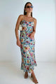 Lavish Blue Multi Floral Tie Back Bias Slip Dress