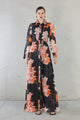 Isabella Black Floral Print Silk Linen LS Maxi Dress