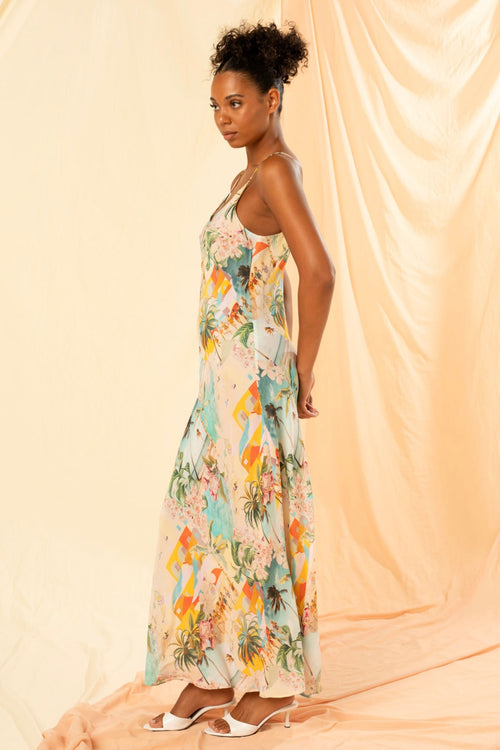 model wears a blue printed maxi dress