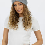 Model wears Grey Wool Blend Beanie