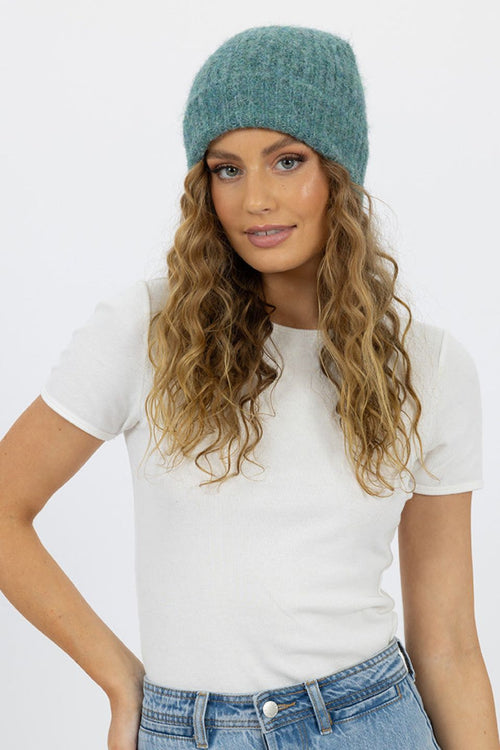 model wears Green Wool Beanie