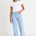 model wears light blue jeans with a white tee