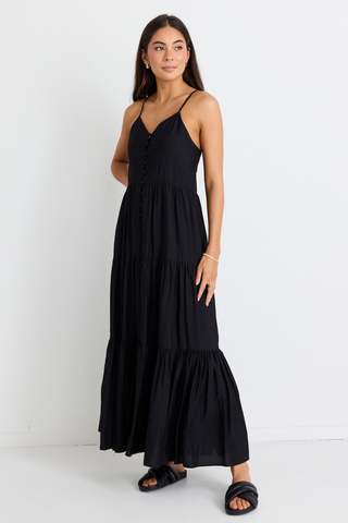 Lilibet Black Strappy Button Front Maxi Dress