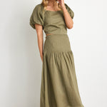 Pepe Khaki Linen Pintuck Waist Tiered Midi Skirt