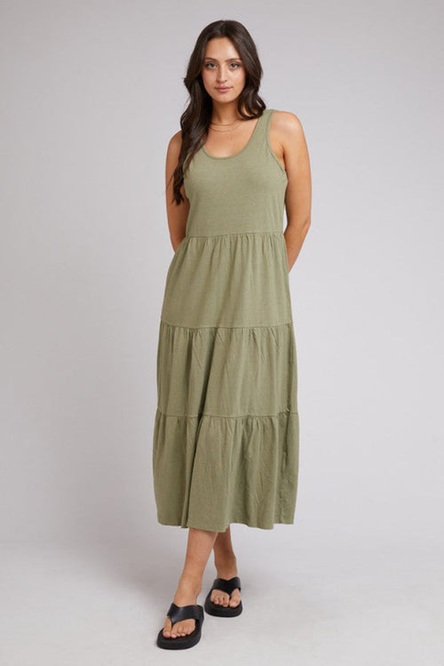 Linen Cotton Khaki Tiered Midi Dress WW Dress All About Eve   