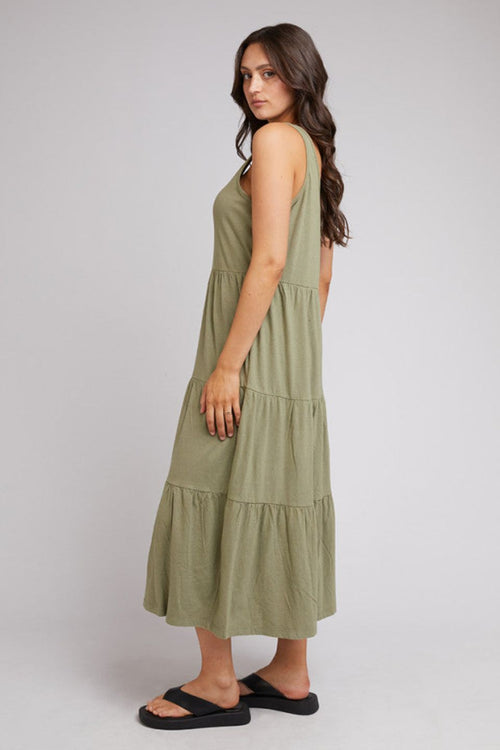 Linen Cotton Khaki Tiered Midi Dress WW Dress All About Eve   