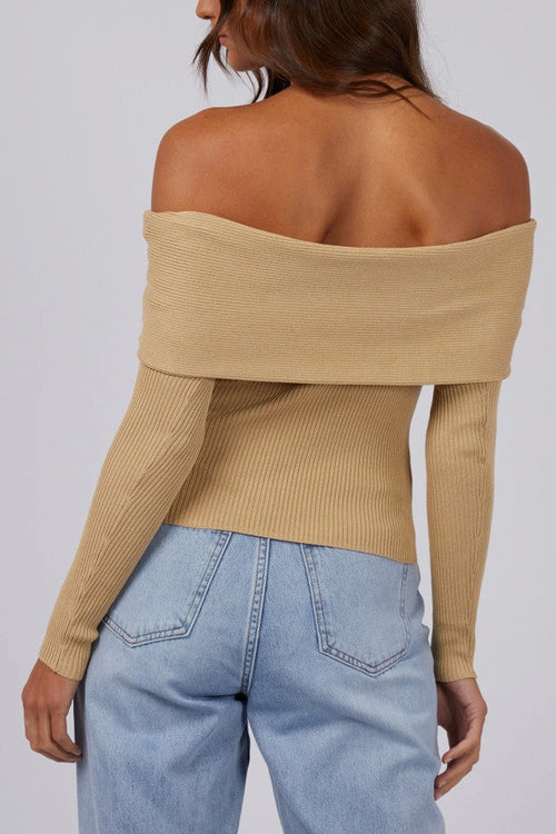 model wears Tan Off Shoulder Knit Top