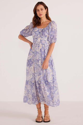 Lola Blue Paisley Tiered Midi Dress