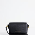 A black pebbled leather crossbody bag with gold hardware and a small gold logo on the front, displayed against a clean white background.
