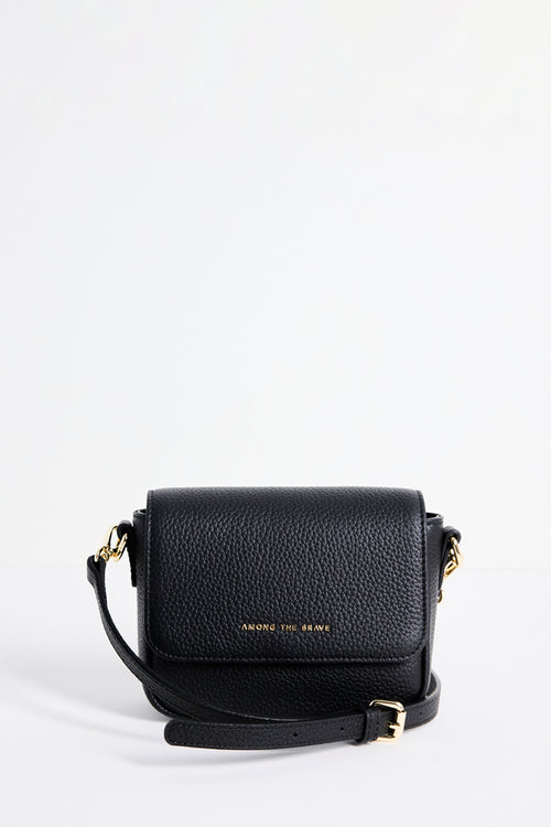A black pebbled leather crossbody bag with gold hardware and a small gold logo on the front, displayed against a clean white background.