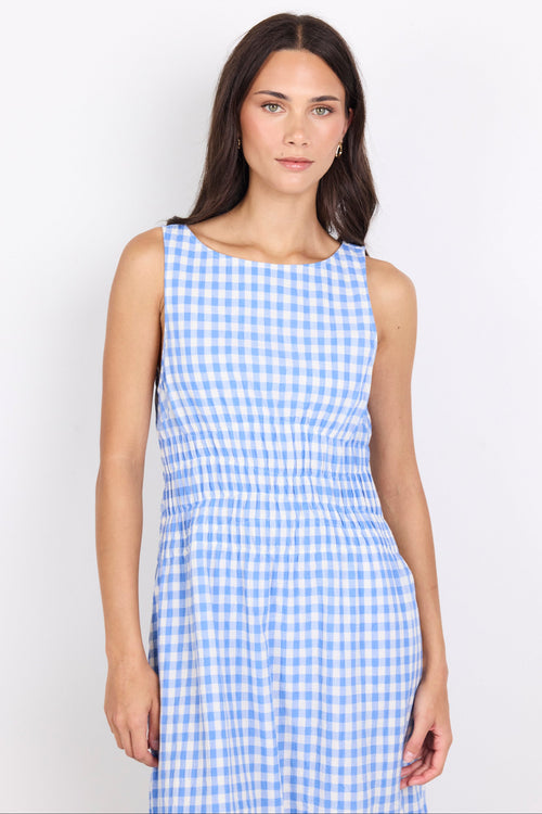 A woman modeling a sleeveless blue and white gingham dress against a plain white studio background.