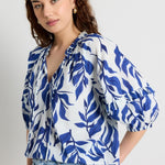 model wears Blue Floral Print Cotton Top