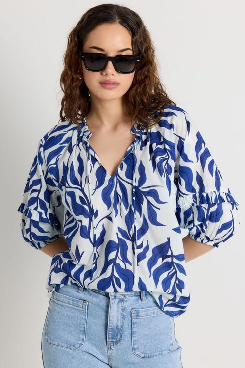 model wears Blue Floral Print Cotton Top