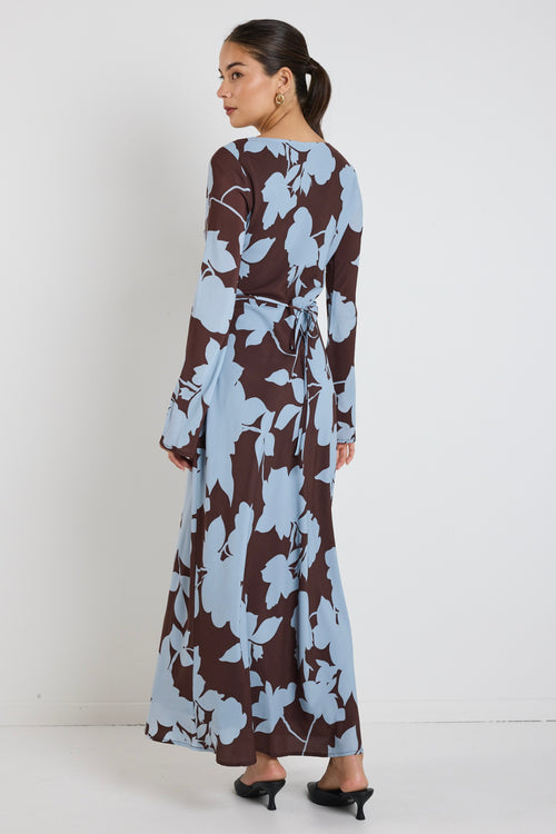 blue and brown long sleeve dress Brown and Dusty Blue Long Sleeve Maxi Dress
