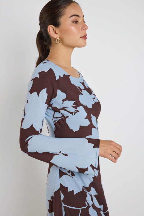 blue and brown long sleeve dress Buy Blue/ Brown Patched Floral Print Mini Tie Front Tiered Long Sleeve Dress from Next USA