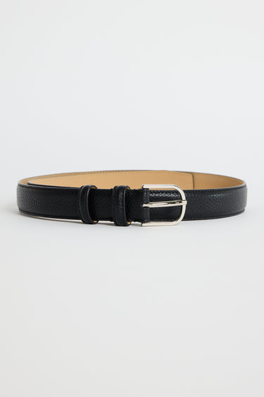 Slim black leather belt with a textured finish and a silver buckle, photographed on a white background