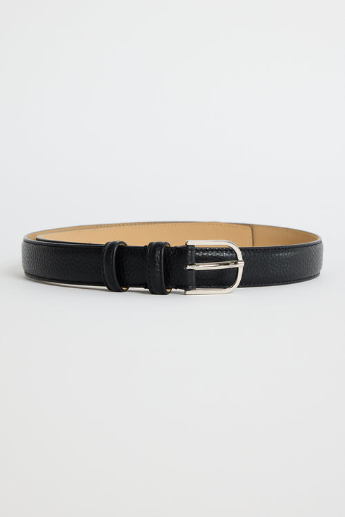 Slim black leather belt with a textured finish and a silver buckle, photographed on a white background