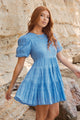 Luna French Blue Shirred Cotton Puff Ss Tiered Mini Dress