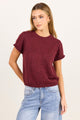 Lunar Burgundy Plum Crewneck Rib Cuff Detail Tee