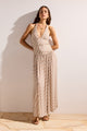 Orielle Brown Cream Stripe Halter Mesh Maxi Dress