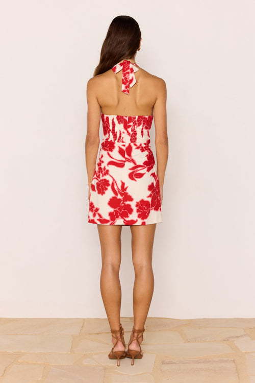 Woman wearing a red floral dress against a plain background