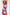 Woman wearing a burgundy dress with blue floral patterns on a white background