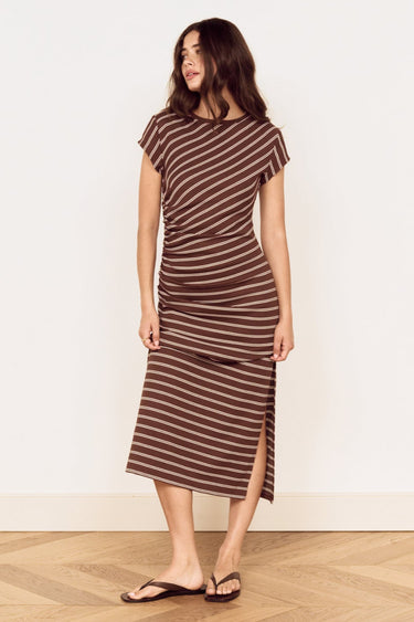 Vesper Chocolate Stripe SS Midi Dress