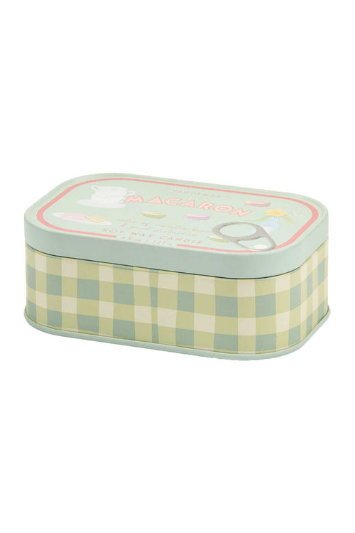 A rectangular metal tin with rounded corners, featuring a pale green and cream gingham pattern on the sides and a pastel illustrated lid with the word 'MACARON' in pink.
