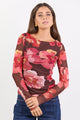 Magnitude Chocolate Red Floral Mesh Long Sleeve Mesh Top
