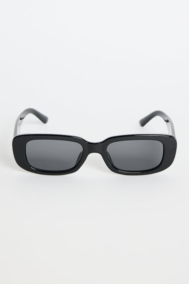 Glossy black rectangular sunglasses with dark tinted lenses, photographed on a white background.
