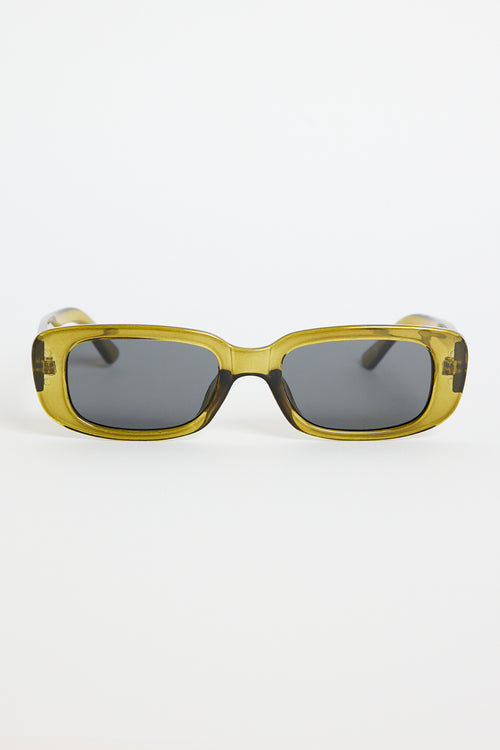 Rectangular translucent olive sunglasses with dark tinted lenses, photographed on a white background