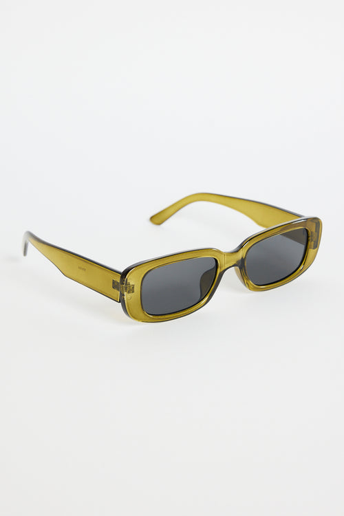 Rectangular translucent olive sunglasses with dark tinted lenses, photographed on a white background