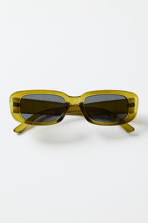 Rectangular translucent olive sunglasses with dark tinted lenses, photographed on a white background