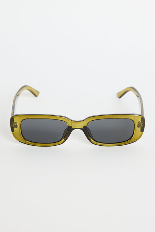 Rectangular translucent olive sunglasses with dark tinted lenses, photographed on a white background