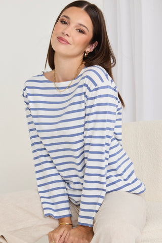 model wears a blue stripe shirt
