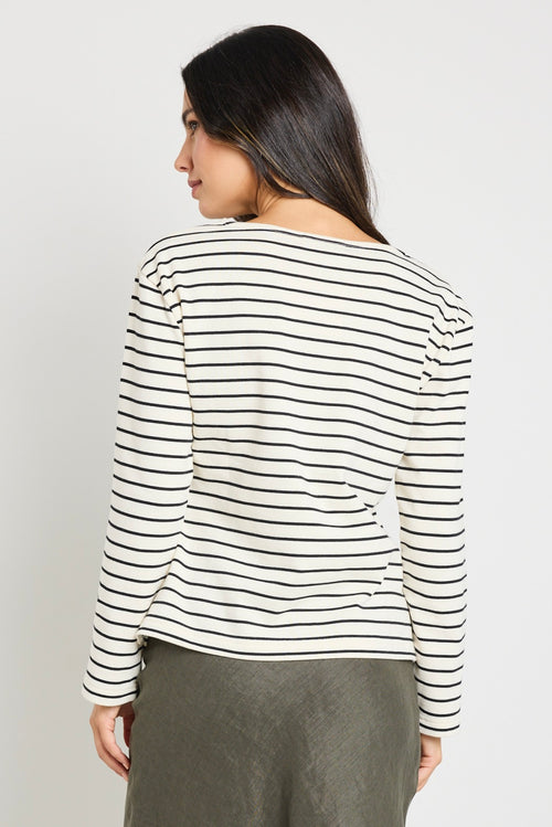 model wears stripe long sleeve black and white boat neck tee 