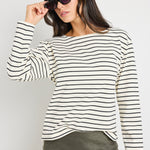 model wears stripe long sleeve black and white boat neck tee 